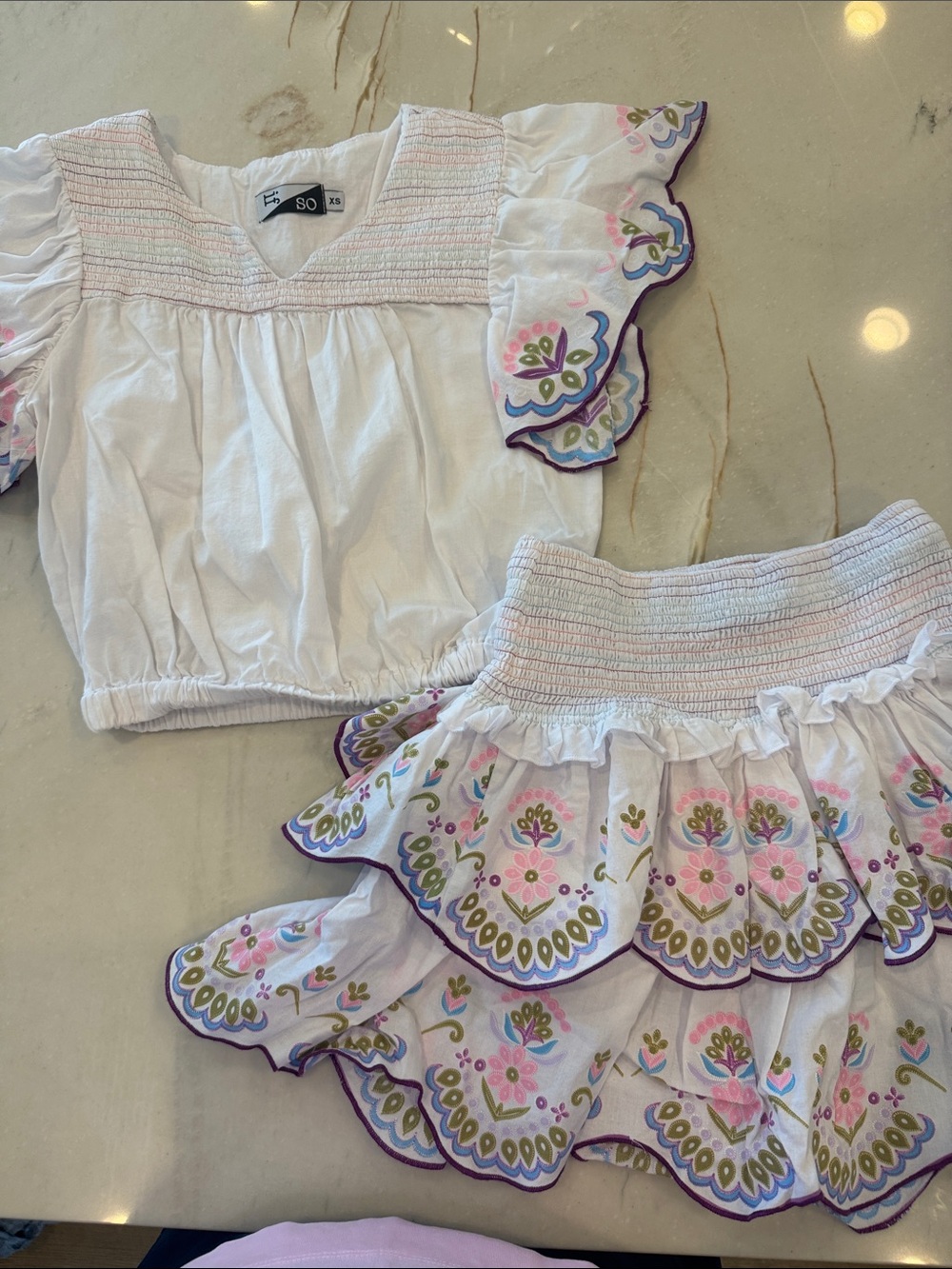 If So- Tween- White Floral Embroidered Matching Set - Pink & Green Accents